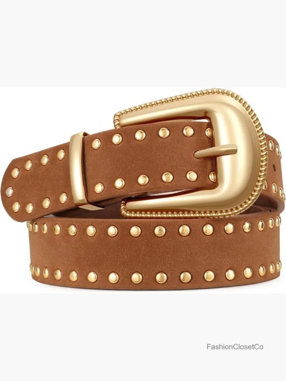 Faux Leather Studded Belt with Gold Buckle Western Waist Belt